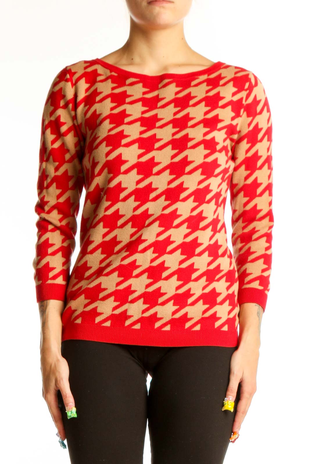 Front view of Ann Taylor Red and Tan Houndstooth Knit Sweater