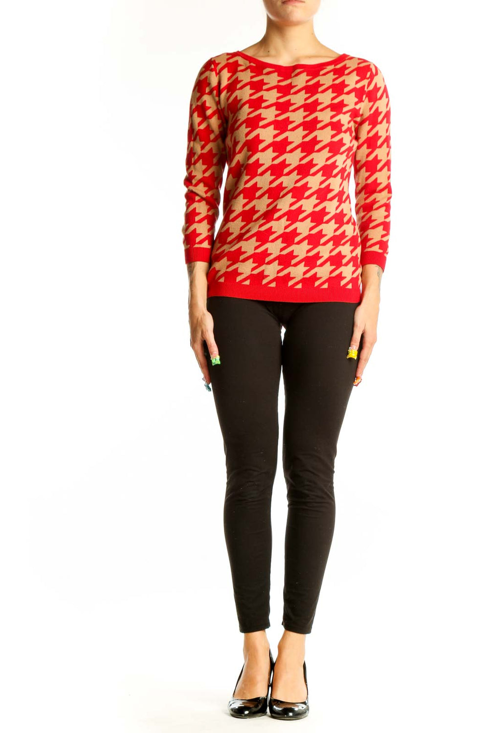 Front view of Ann Taylor Red and Tan Houndstooth Knit Sweater