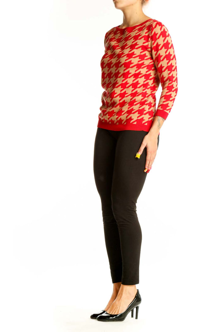 Front view of Ann Taylor Red and Tan Houndstooth Knit Sweater
