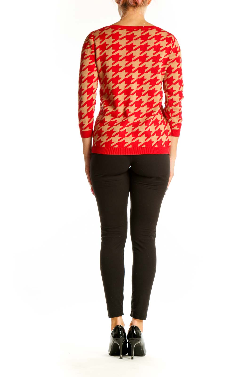 Side view of model wearing Ann Taylor Red and Tan Houndstooth Knit Sweater