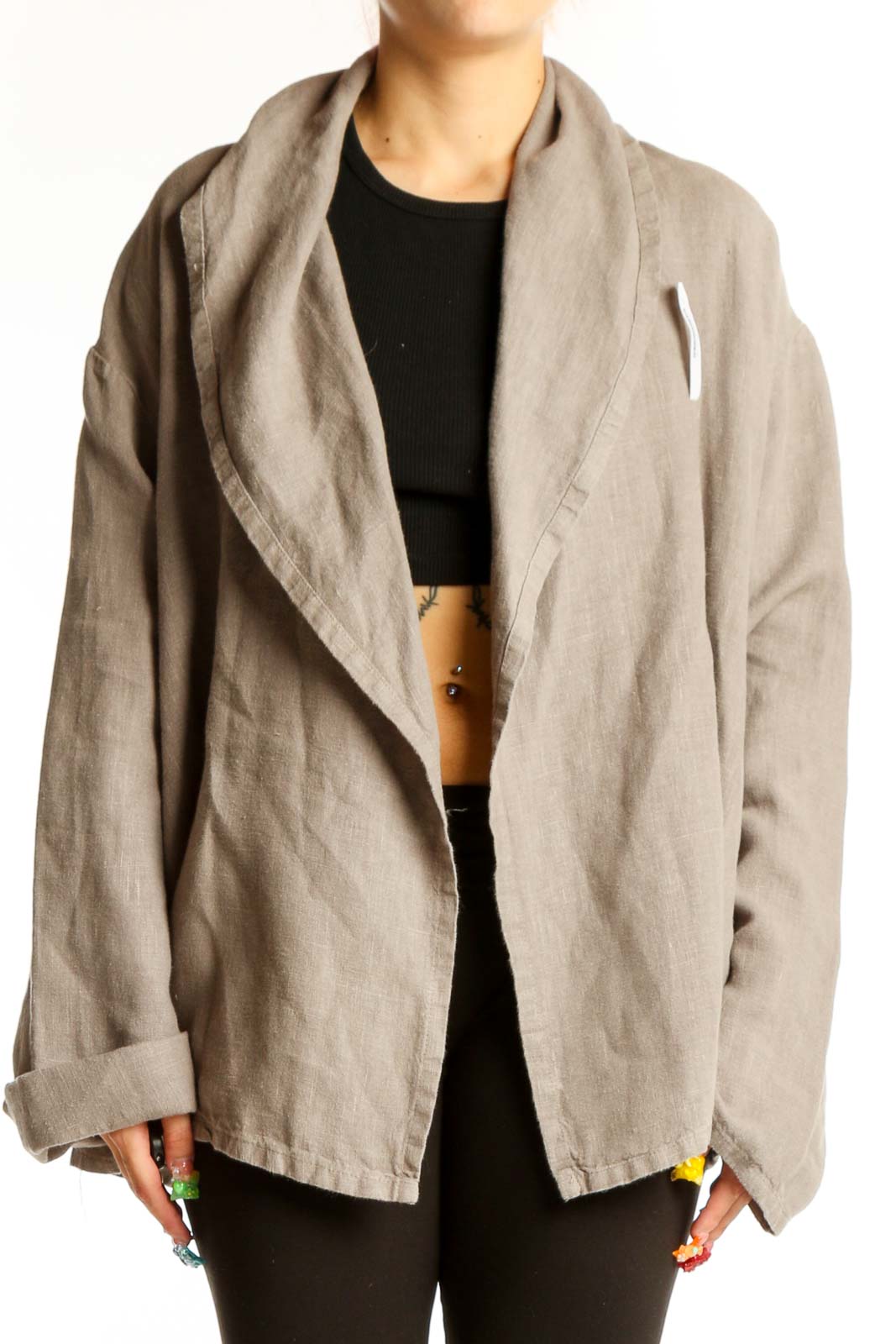 Front view of Bryn Walker beige cotton oversized jacket with shawl collar