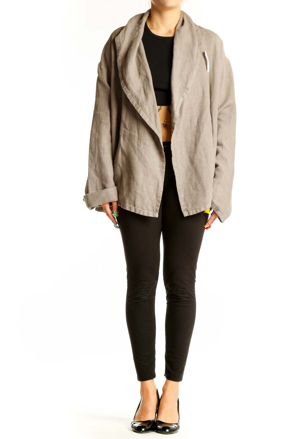 Front view of Bryn Walker beige cotton oversized jacket with shawl collar