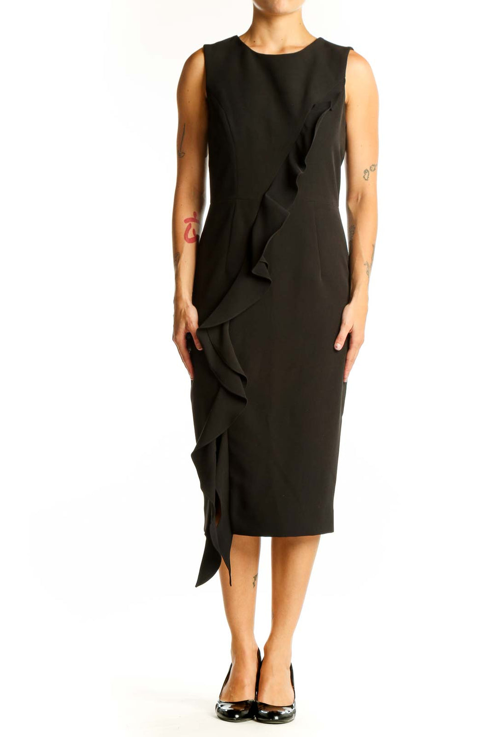 Front view of black Milly midi dress with ruffle detail