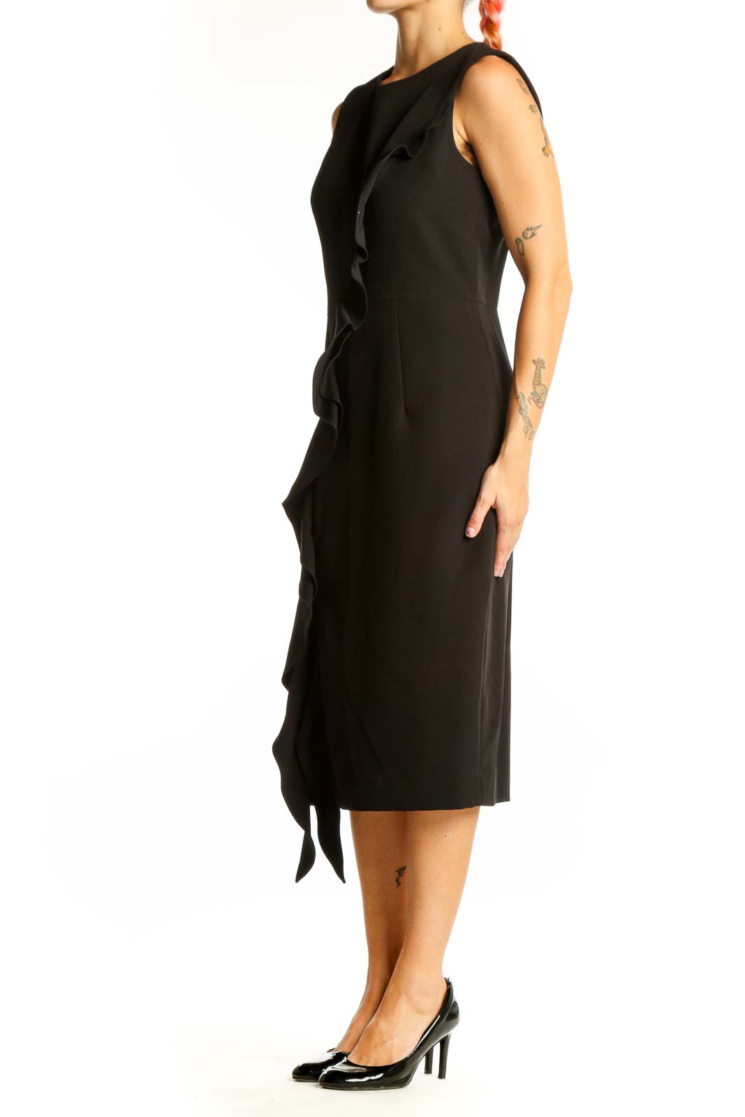 Front view of black Milly midi dress with ruffle detail