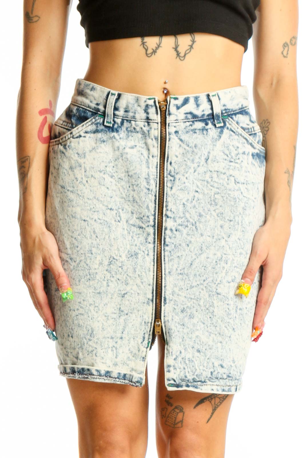 Front view of Lee acid wash denim mini skirt with zip-front design