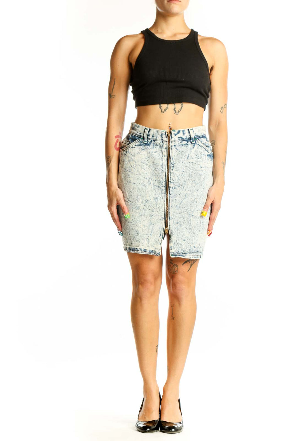 Front view of Lee acid wash denim mini skirt with zip-front design