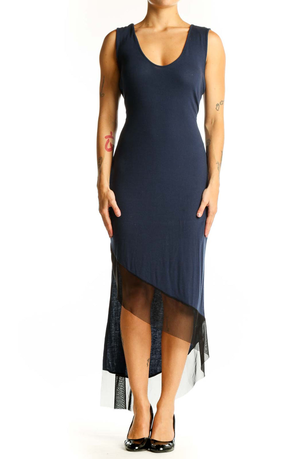 Front view of navy BCBG MaxAzria asymmetrical high-low dress