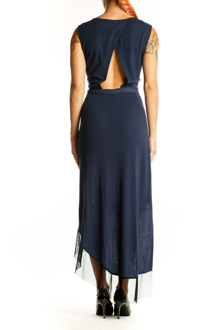 Back view of navy BCBG MaxAzria asymmetrical high-low dress