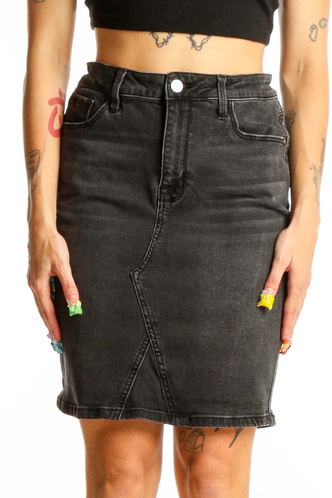 Front view of Sanctuary black denim pencil skirt