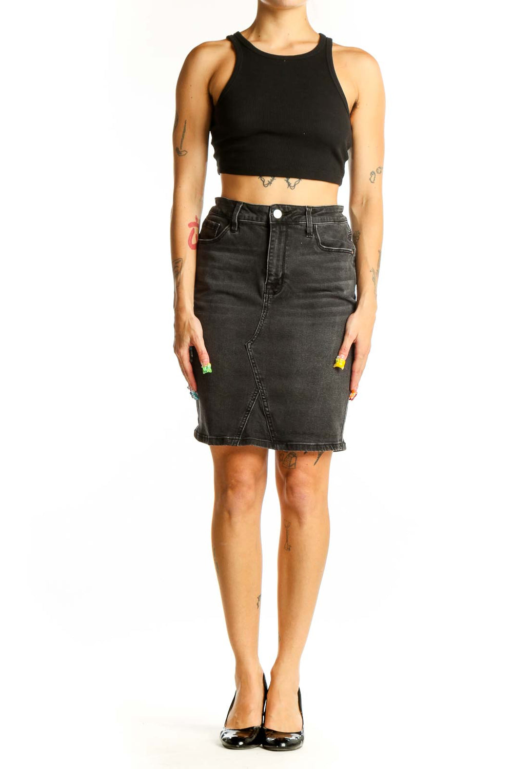 Front view of Sanctuary black denim pencil skirt