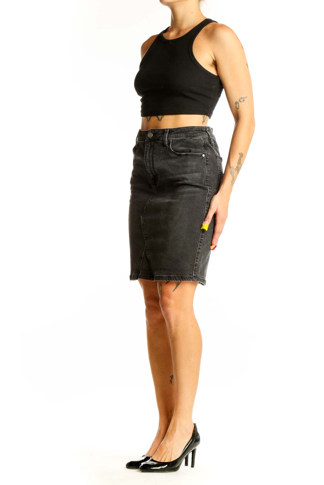 Front view of Sanctuary black denim pencil skirt