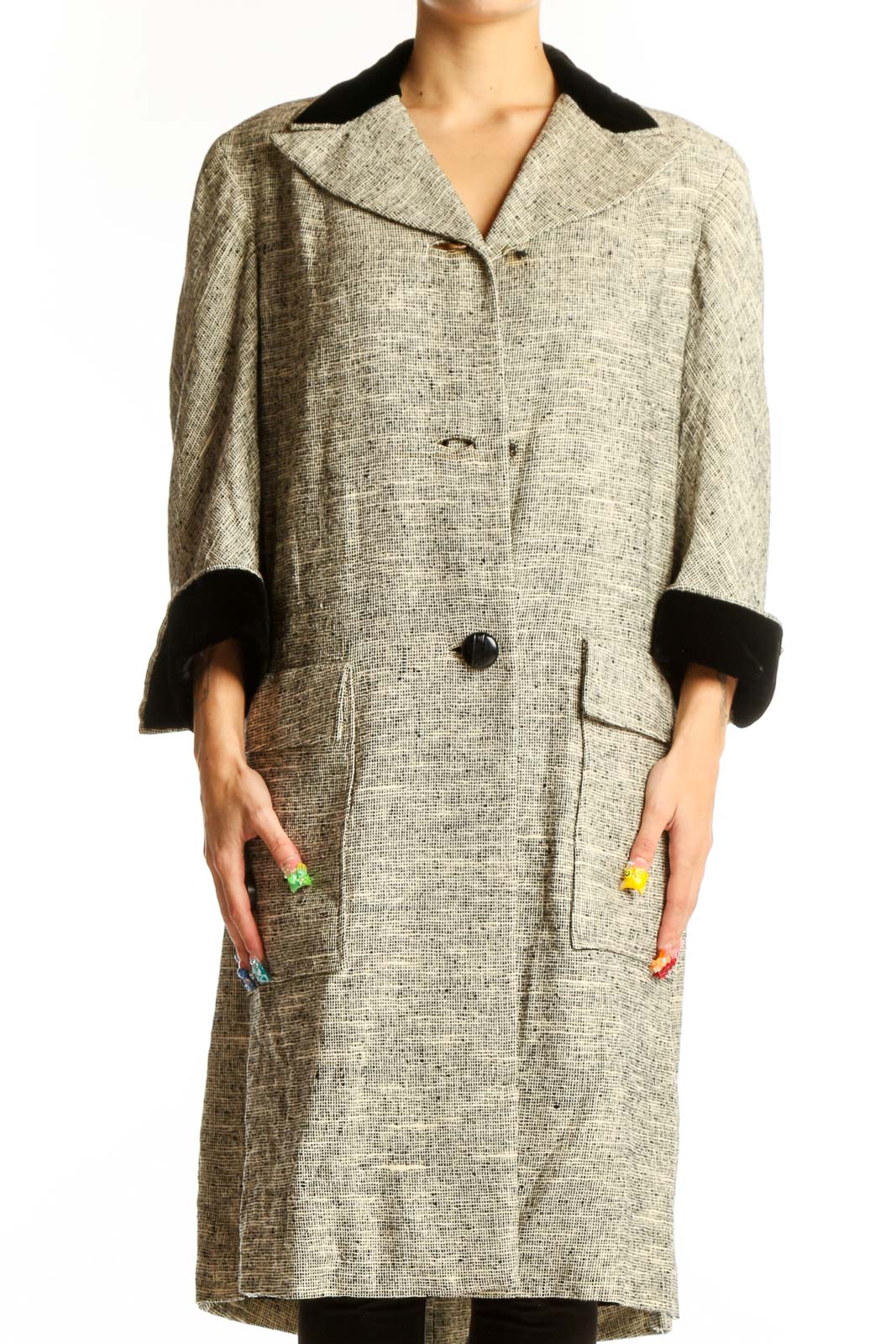 Front view of Roth Moor beige textured cotton coat with black trim