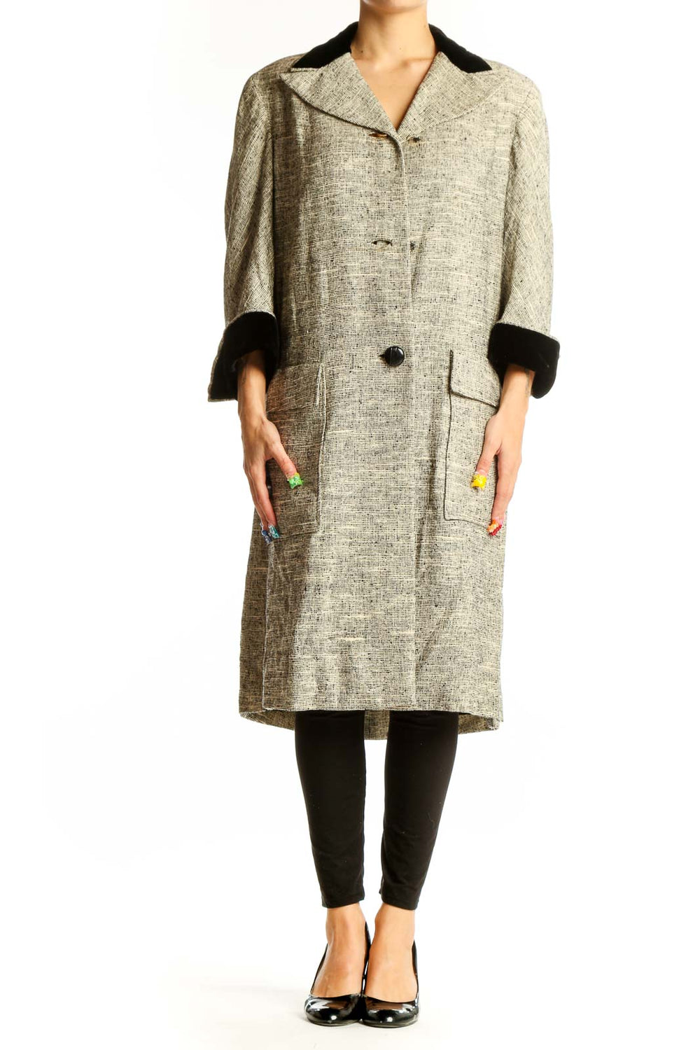 Front view of Roth Moor beige textured cotton coat with black trim