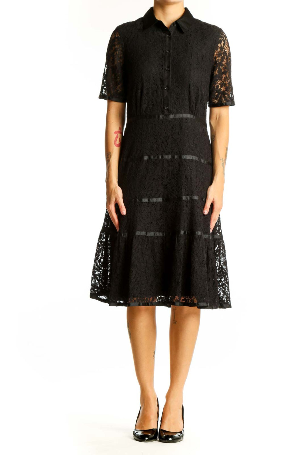 Front view of Nanette Lepore black lace shirt dress with tiered skirt