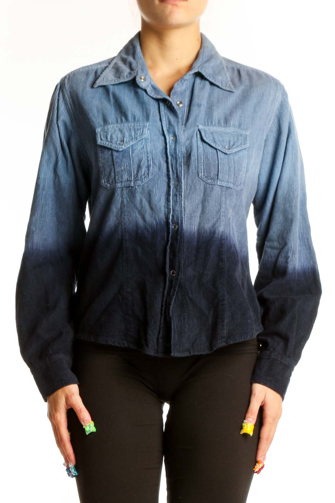 Front view of Passports blue ombre cotton button-up shirt with gradient effect