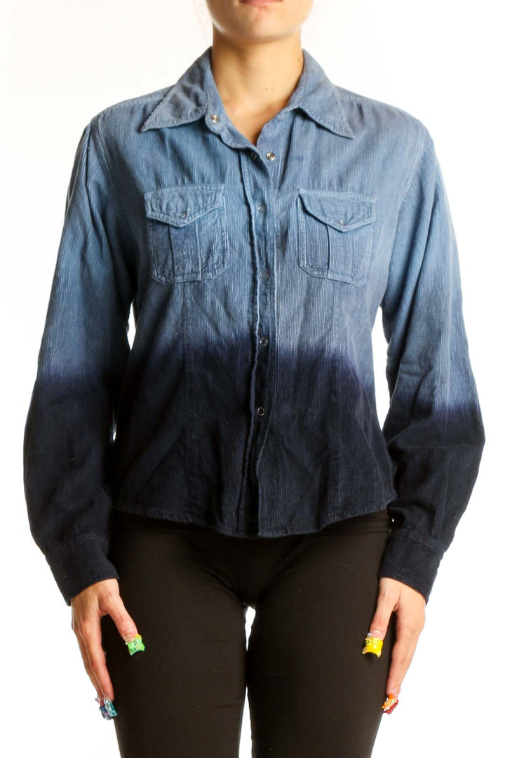 Front view of Passports blue ombre cotton button-up shirt with gradient effect