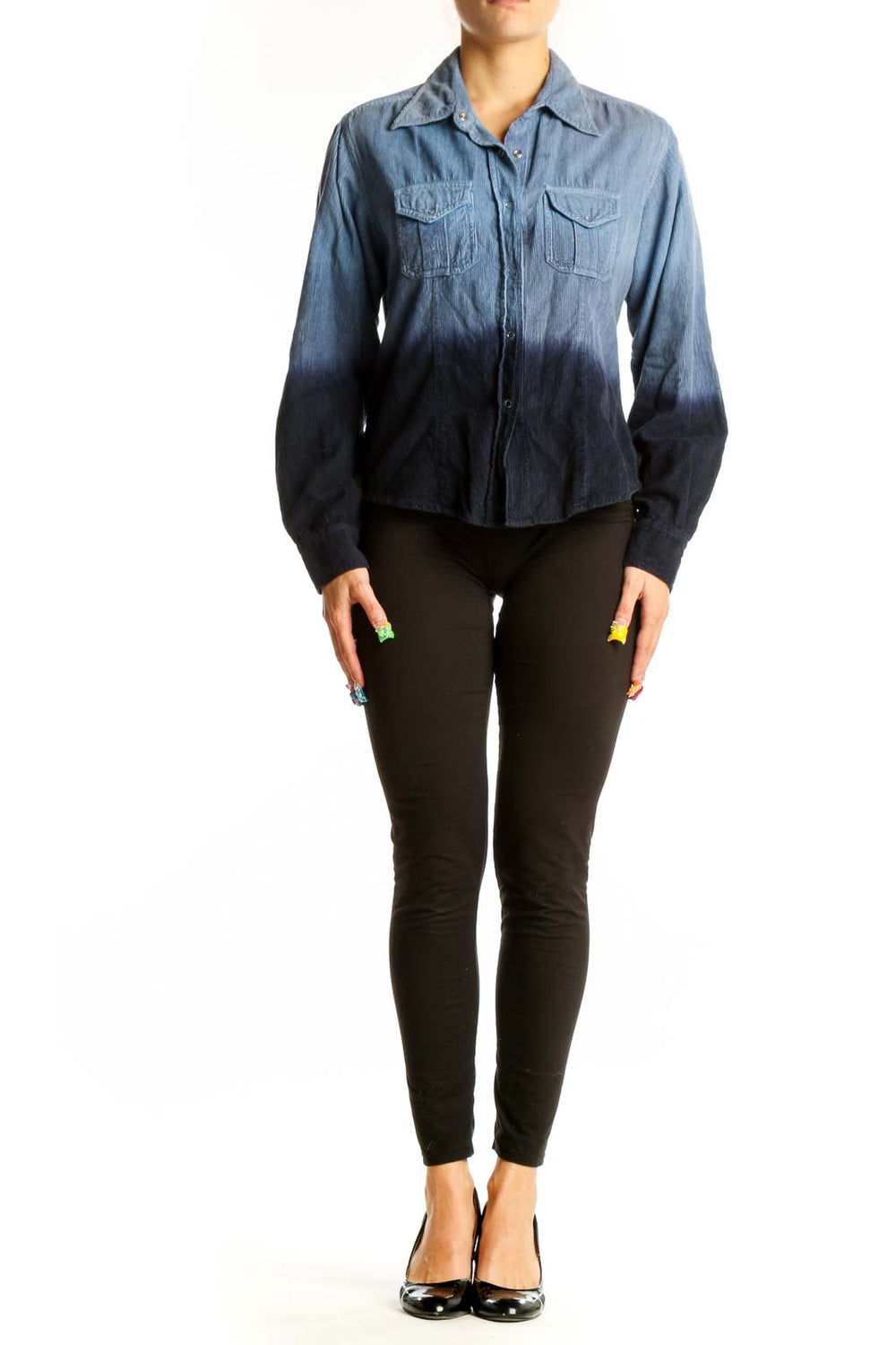 Front view of Passports blue ombre cotton button-up shirt with gradient effect