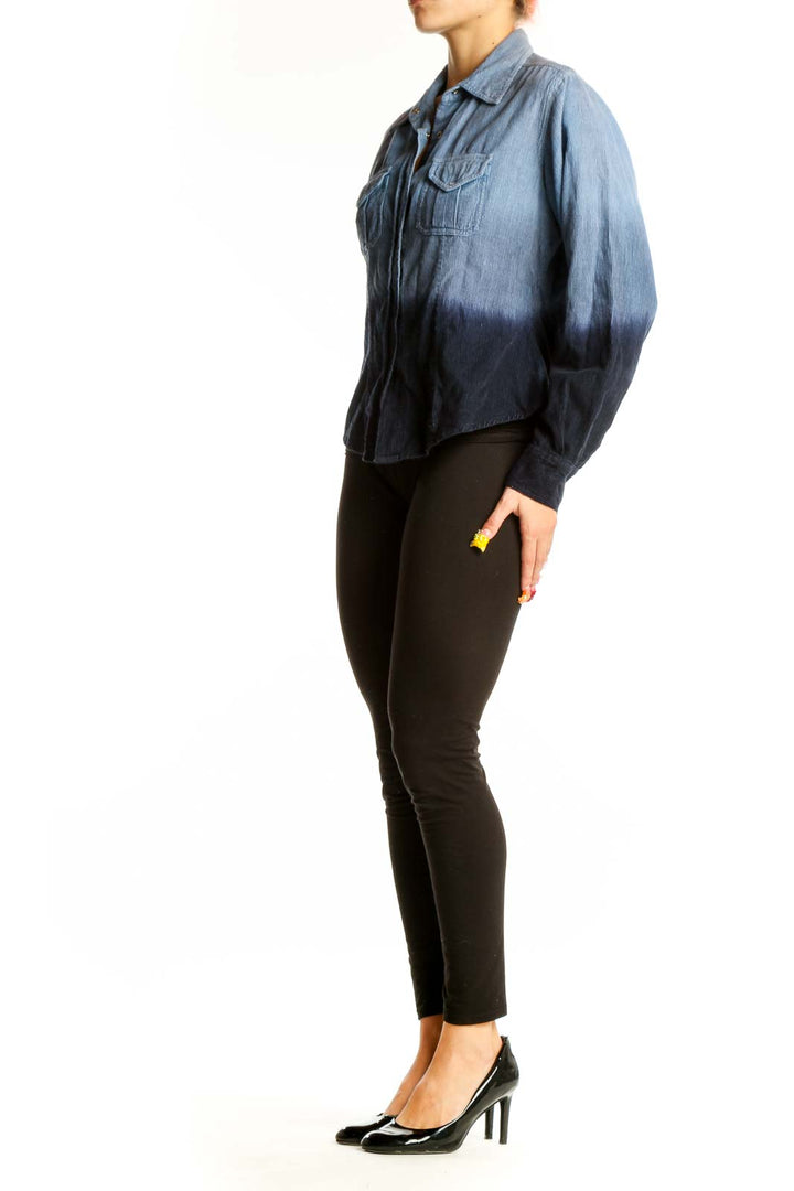 Front view of Passports blue ombre cotton button-up shirt with gradient effect