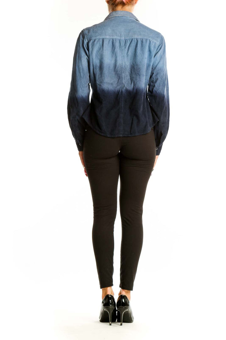 Back view of Passports blue ombre cotton button-up shirt showing full gradient design