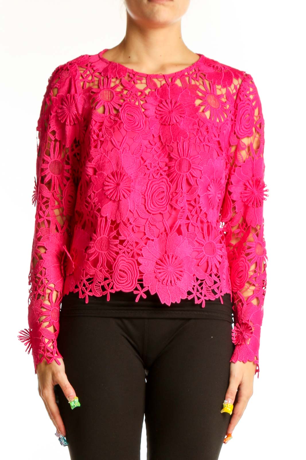 Front view of hot pink floral lace long sleeve top by Milly