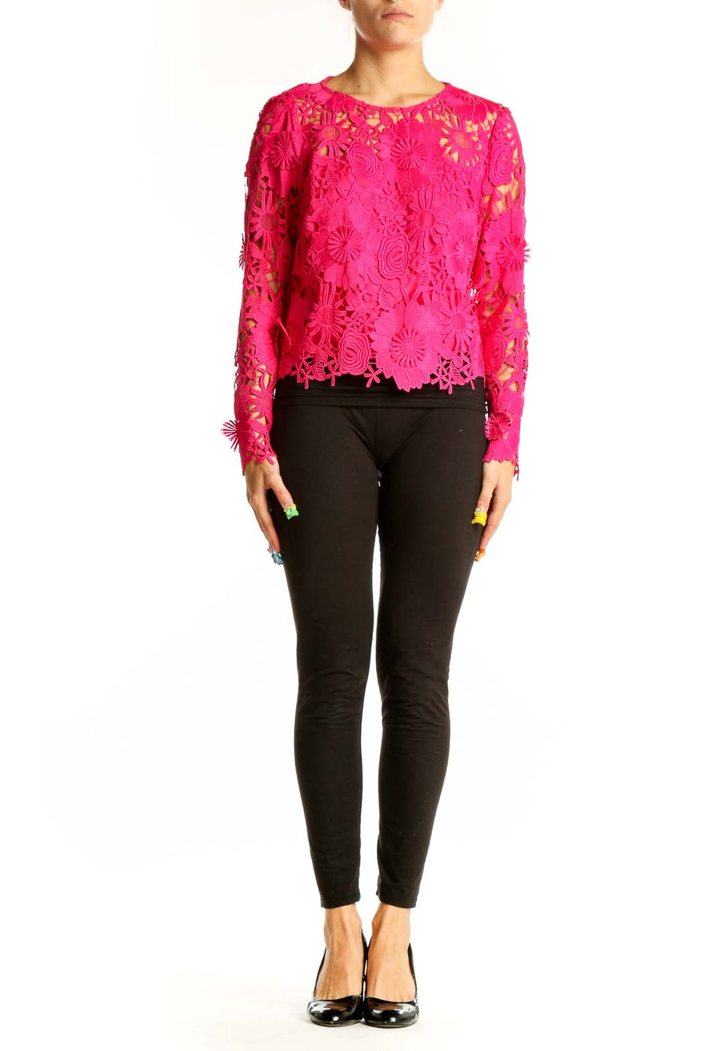 Front view of hot pink floral lace long sleeve top by Milly