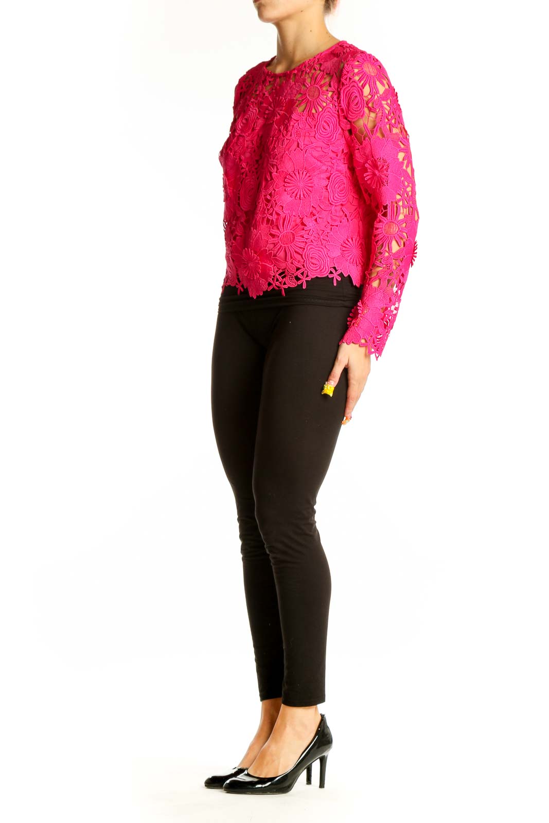 Front view of hot pink floral lace long sleeve top by Milly