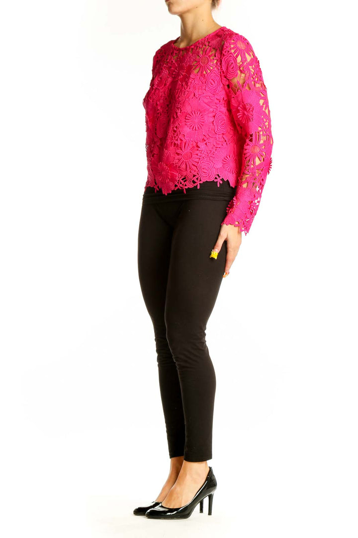 Front view of hot pink floral lace long sleeve top by Milly