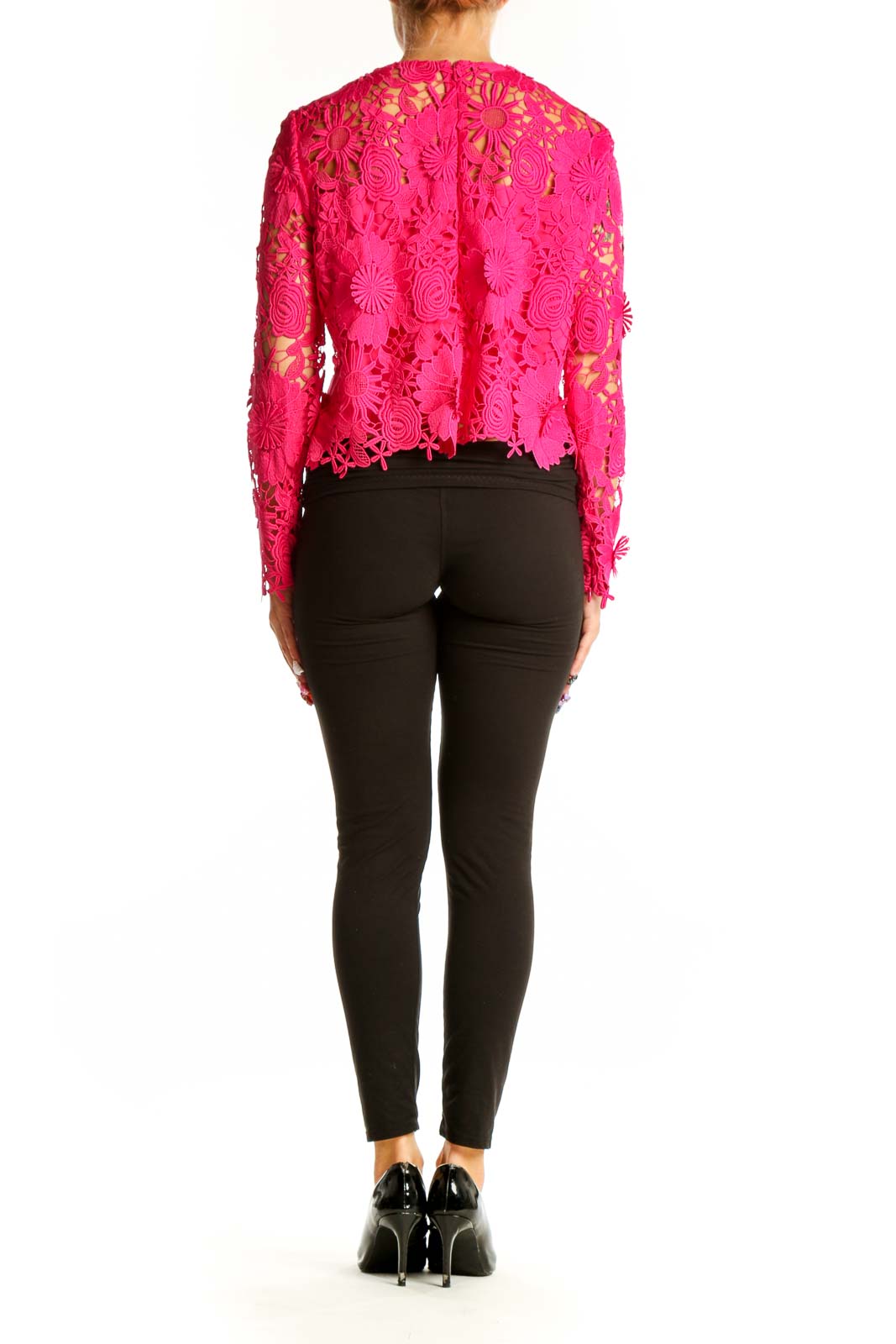 Back view of hot pink floral lace long sleeve top by Milly