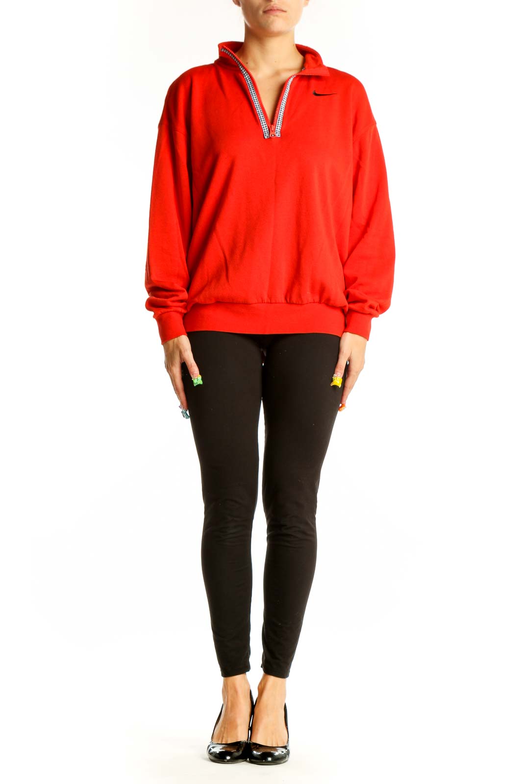 Front view of red Nike half-zip pullover sweatshirt