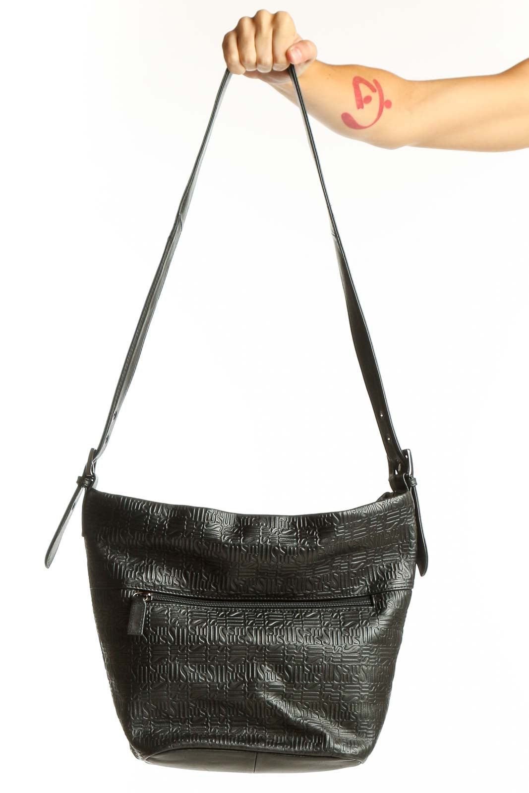 Front view of Stone Mountain black leather embossed shoulder bag