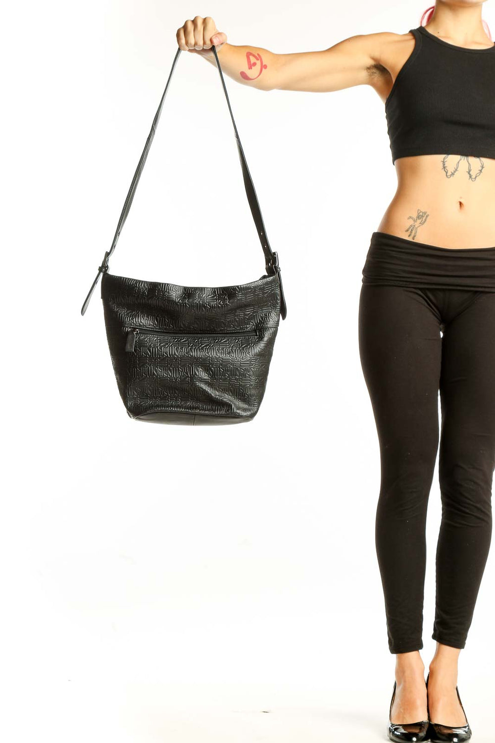 Front view of Stone Mountain black leather embossed shoulder bag