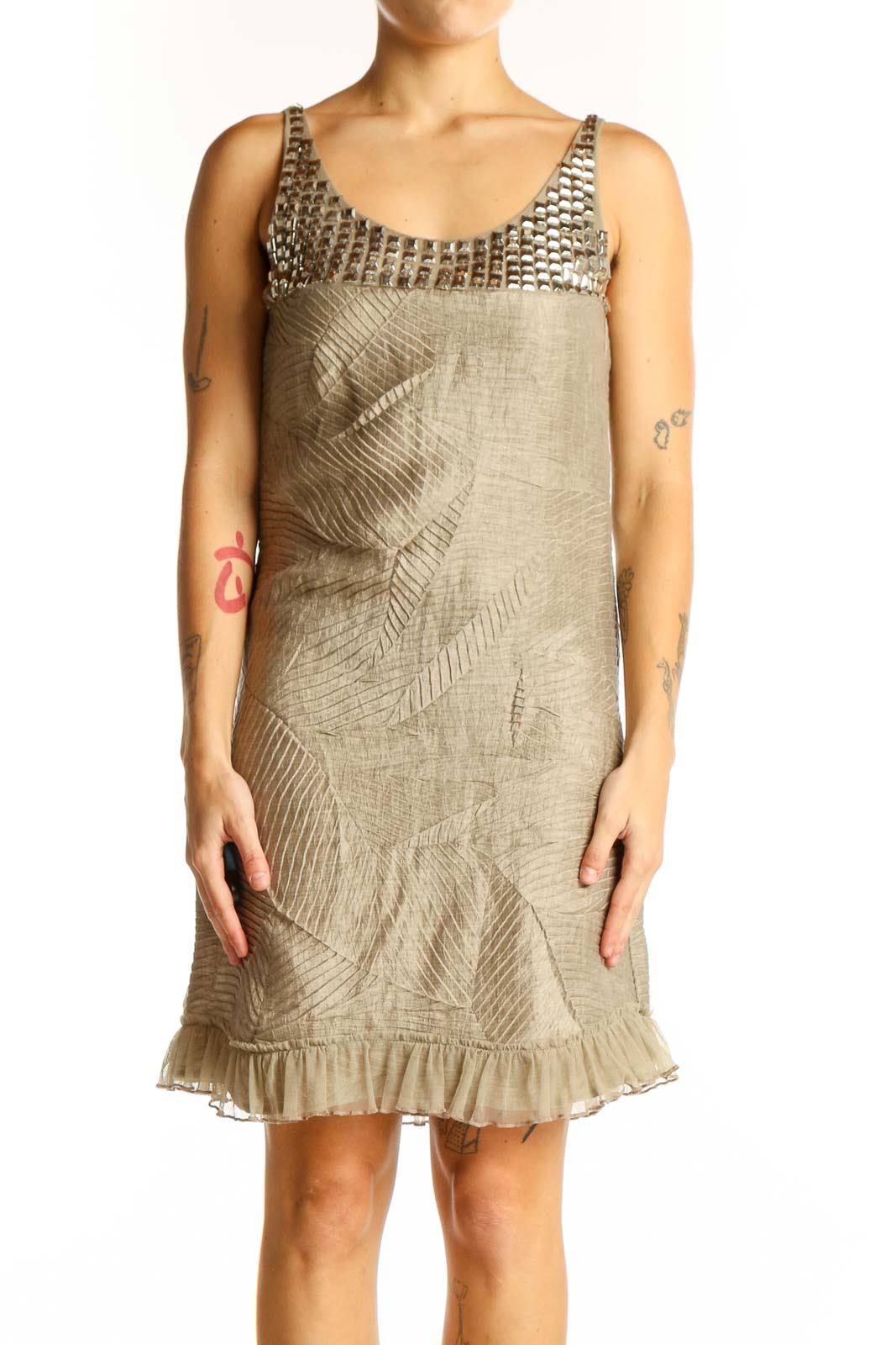 Front view of Alice + Olivia beige linen blend dress with embellished neckline
