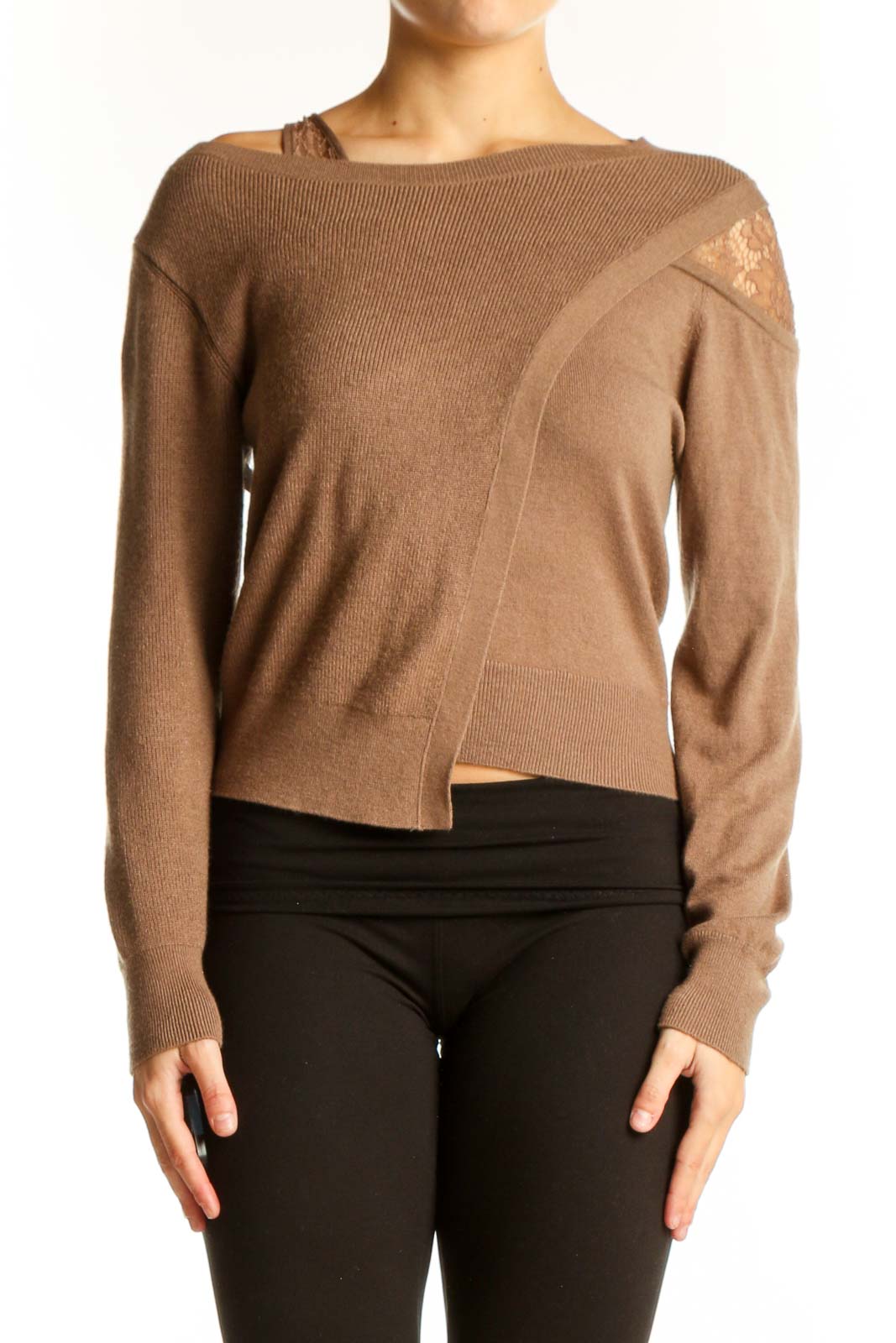 Front view of brown SilkRoll cropped sweater with lace shoulder detail