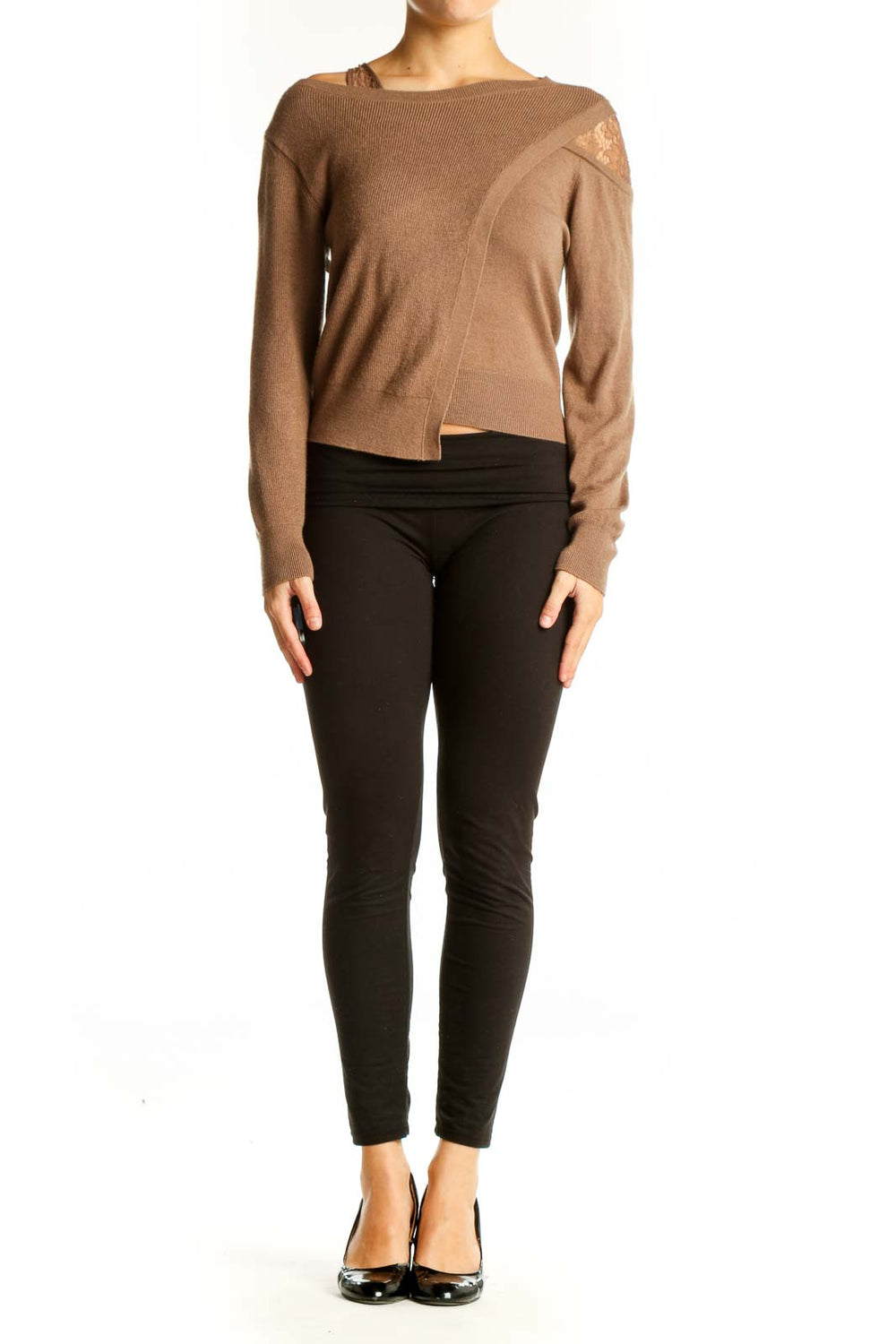 Front view of brown SilkRoll cropped sweater with lace shoulder detail