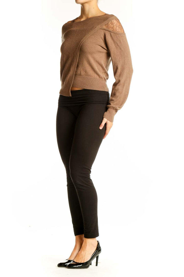 Front view of brown SilkRoll cropped sweater with lace shoulder detail