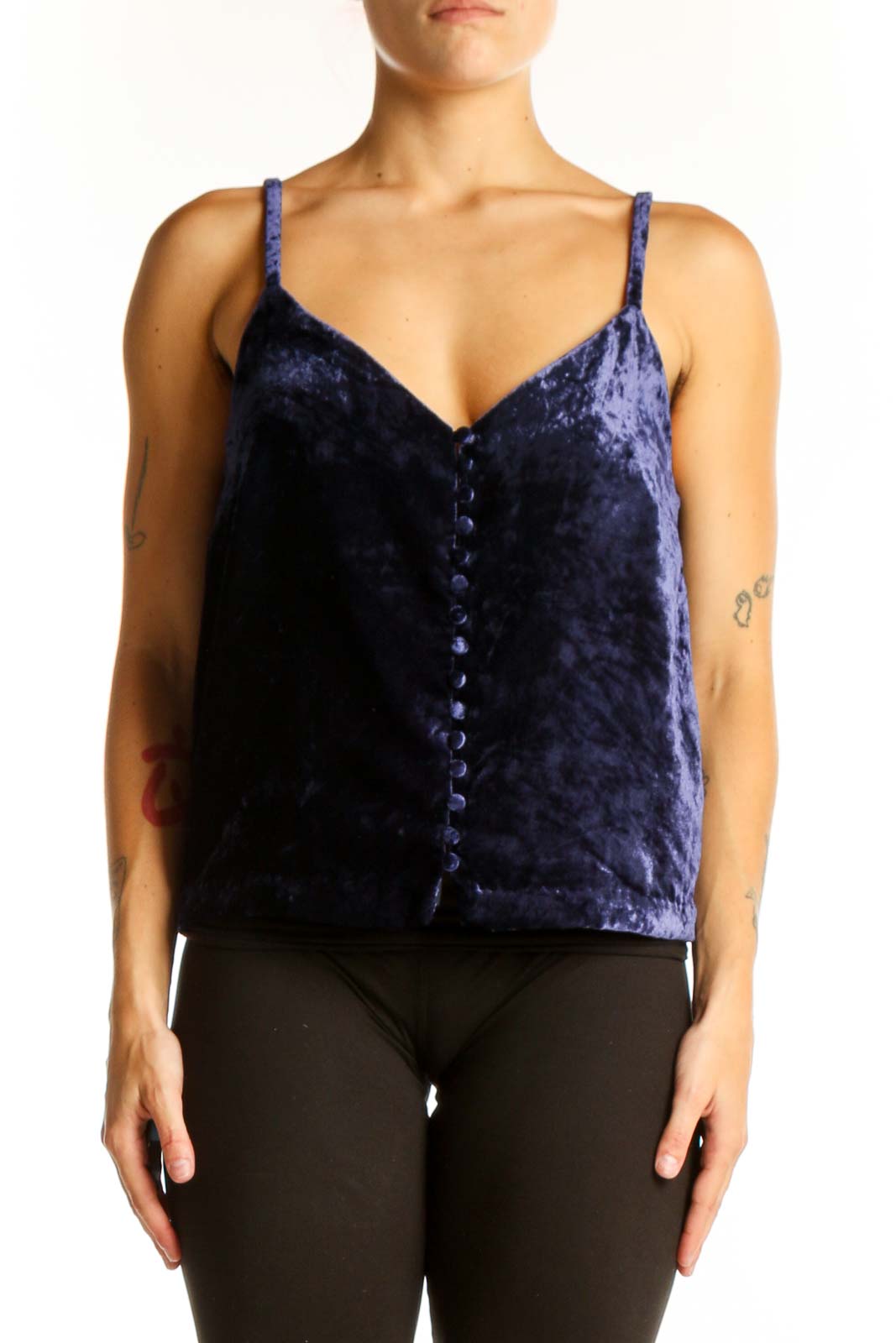 Front view of Madewell navy velvet button-front camisole