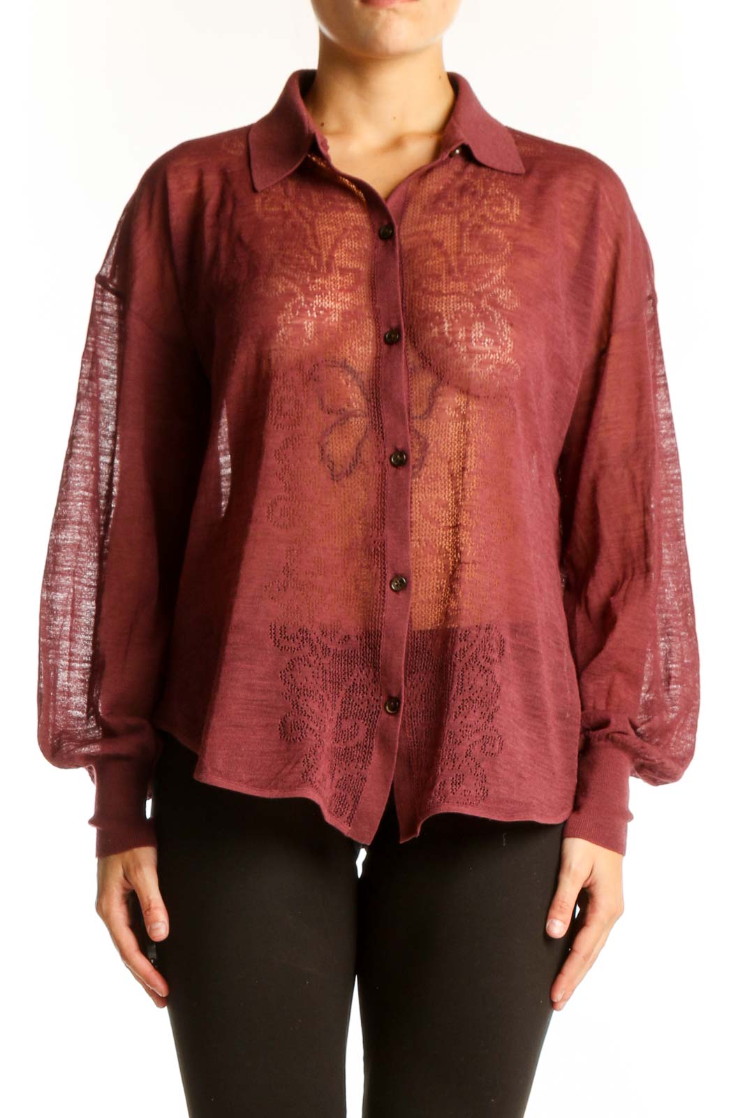Front view of Maeve burgundy sheer blouse with floral embroidery