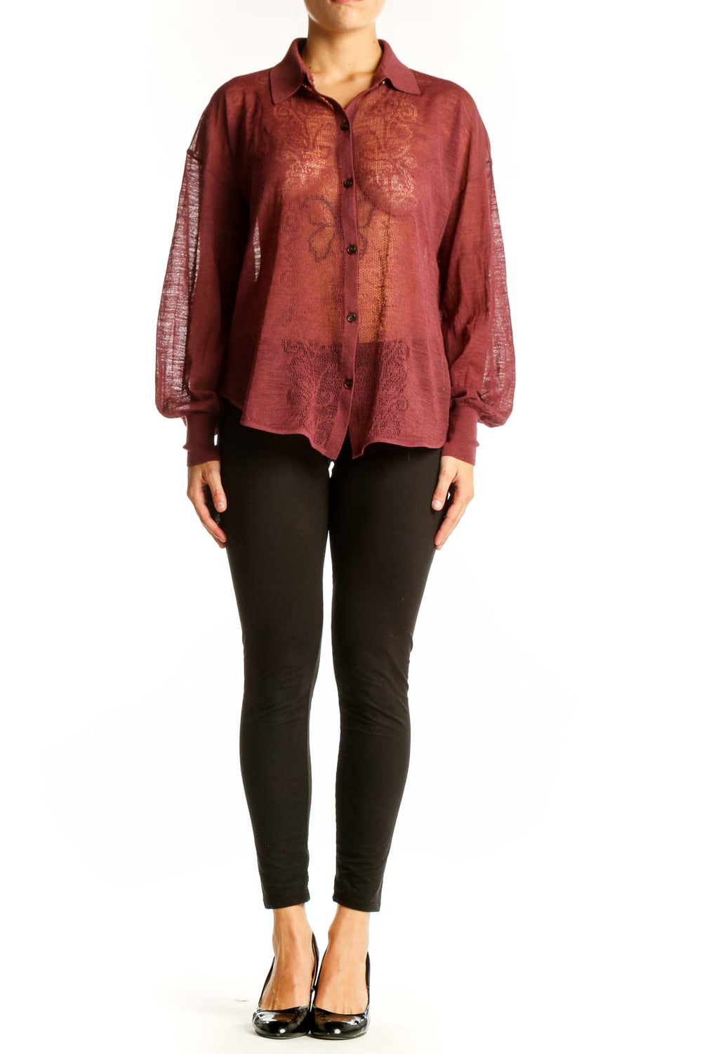 Front view of Maeve burgundy sheer blouse with floral embroidery