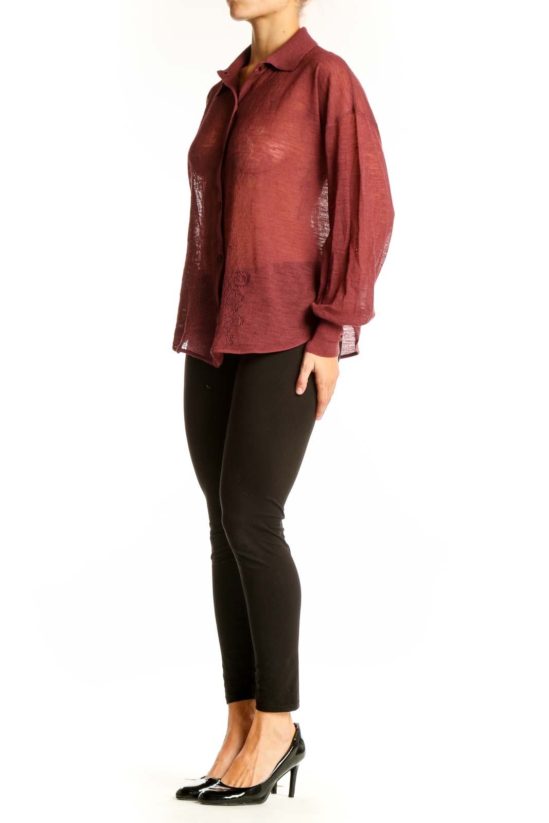 Front view of Maeve burgundy sheer blouse with floral embroidery