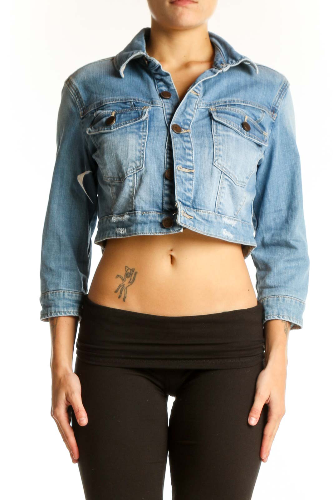 Front view of Light Blue Cropped Denim Jacket from BLANKNYC