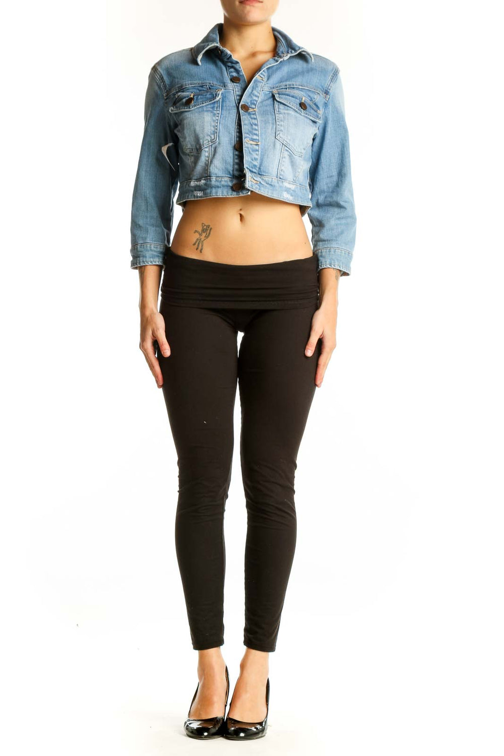 Front view of Light Blue Cropped Denim Jacket from BLANKNYC