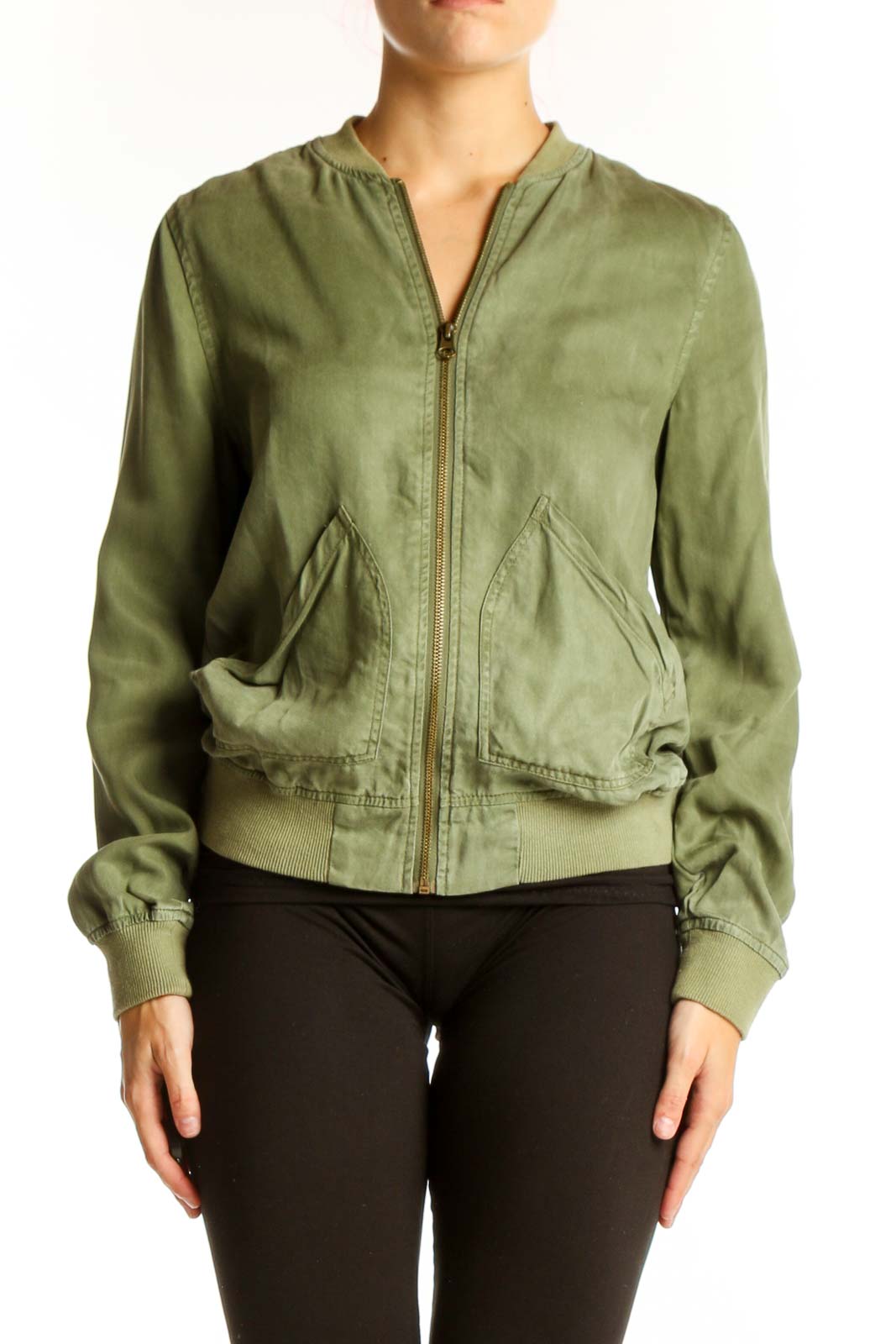Front view of olive green Kenneth Cole Reaction Tencel bomber jacket
