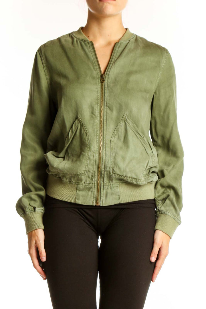 Front view of olive green Kenneth Cole Reaction Tencel bomber jacket
