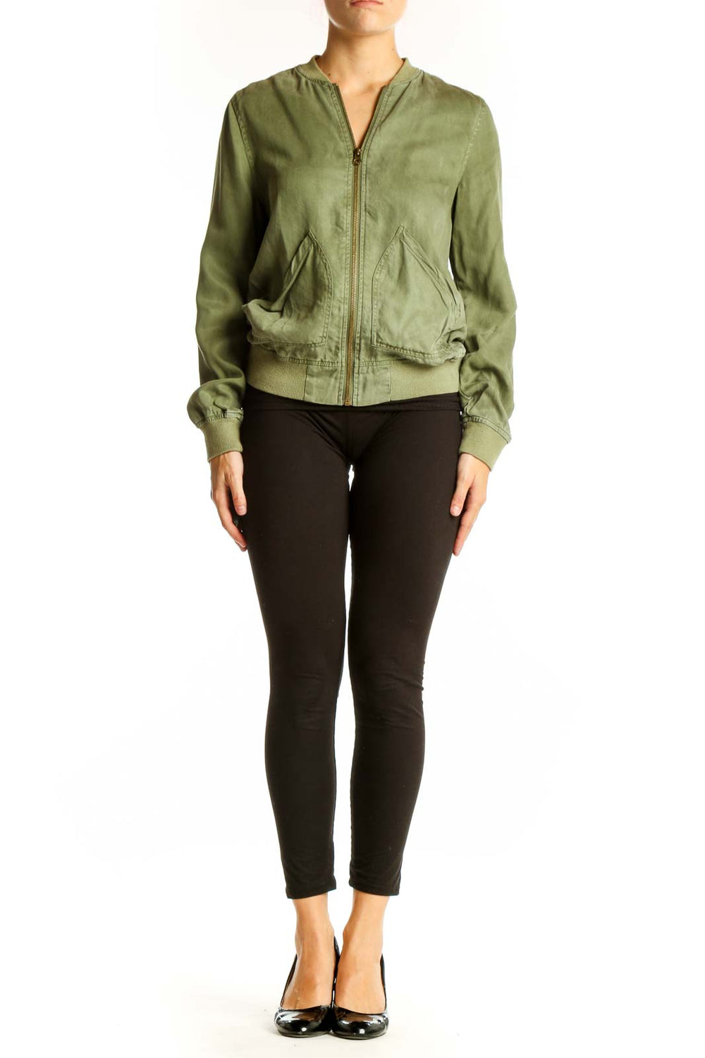 Front view of olive green Kenneth Cole Reaction Tencel bomber jacket