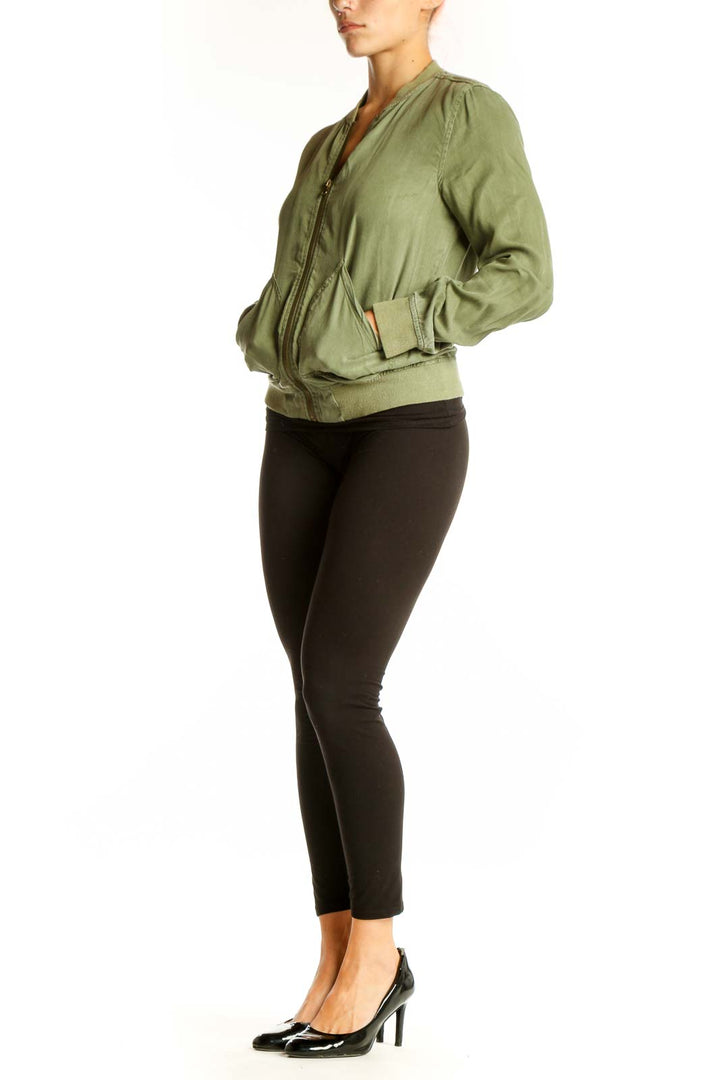Front view of olive green Kenneth Cole Reaction Tencel bomber jacket