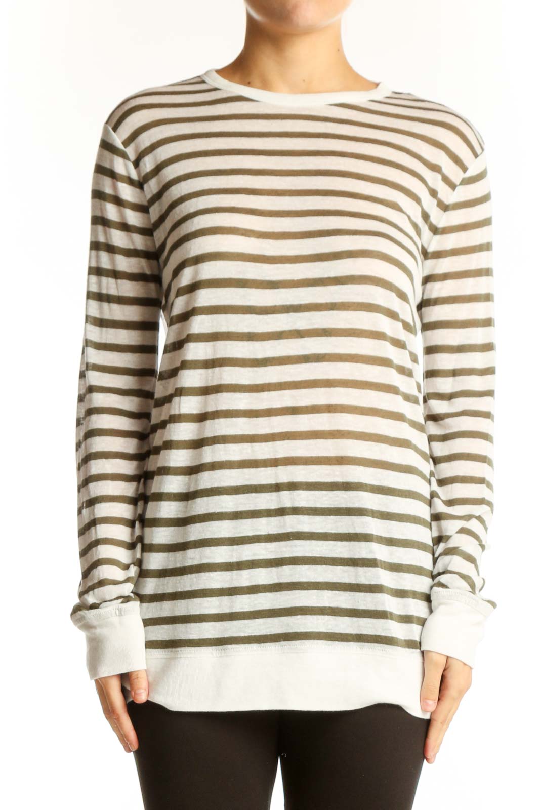 Front view of Alexander Wang beige and brown striped long sleeve top