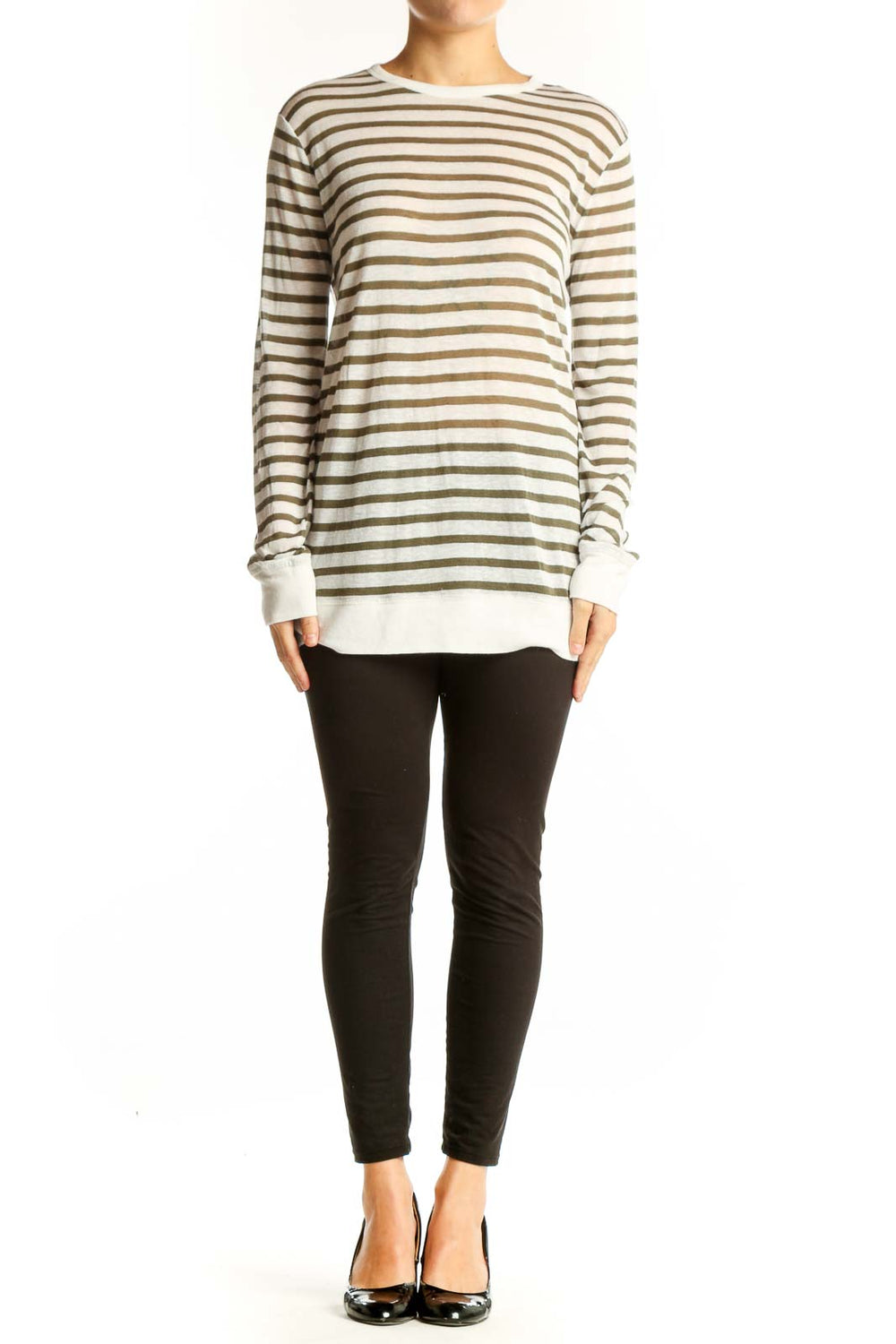 Front view of Alexander Wang beige and brown striped long sleeve top