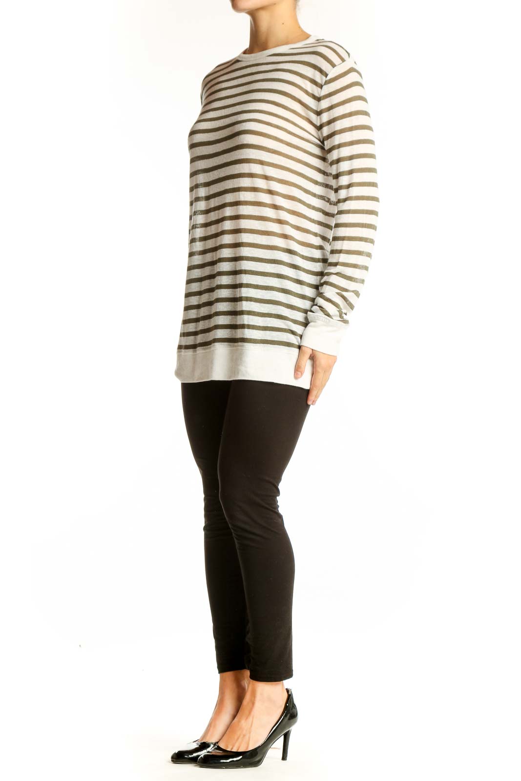 Front view of Alexander Wang beige and brown striped long sleeve top