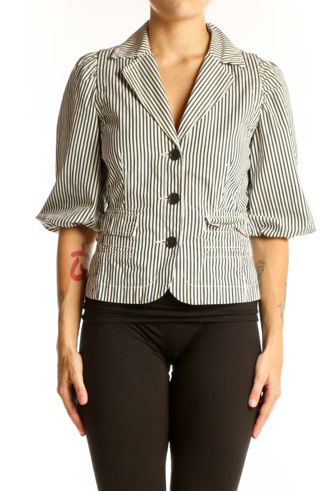Front view of Halogen Black and White Striped Cotton Blazer with puffed sleeves