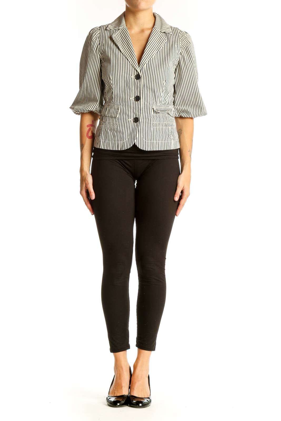 Front view of Halogen Black and White Striped Cotton Blazer with puffed sleeves